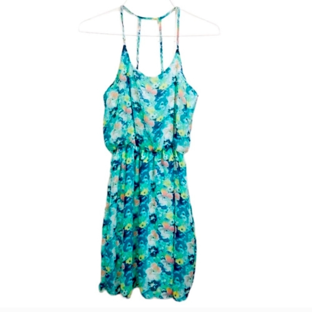 Soprano Blue/Green Floral Spaghetti Strap Summer Dress Elastic Waistband Size XS